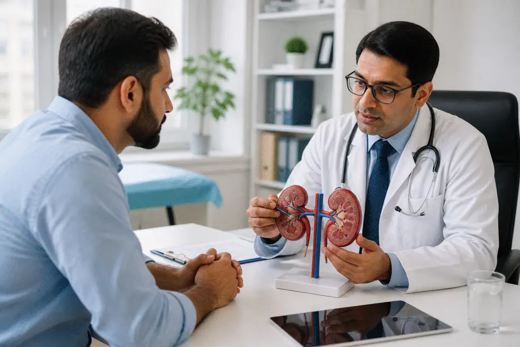 Kidney disease consultation in Meerut with doctor explaining kidney model to patient